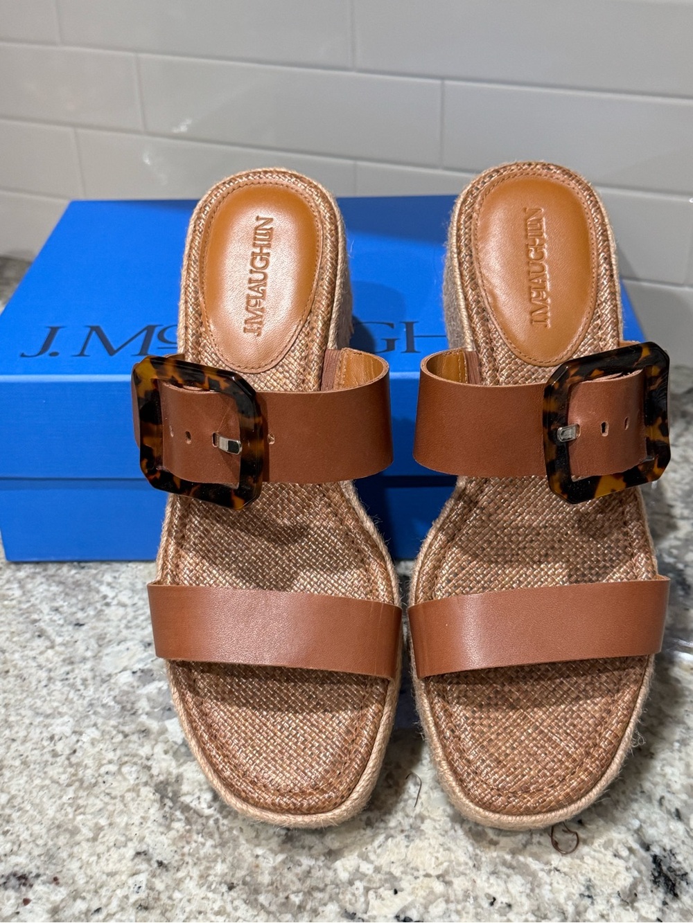 J. McLaughlin Cognac Brown Leather Espadrille Wedges w/ Tortoise Buckle Like New